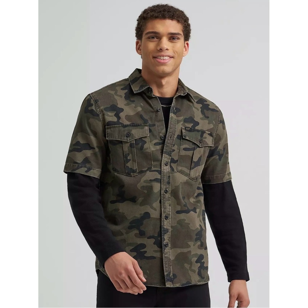 Lee Mens Short Sleeve Camo Shirt Jacket Olive Black Military Utility Size L